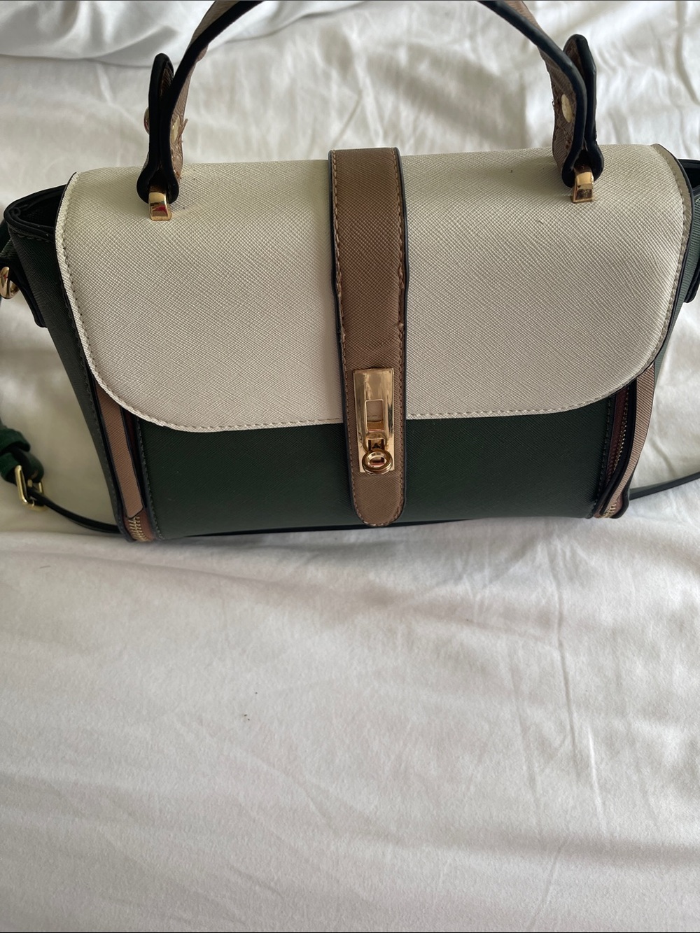 Women’s Tricolor Leather Satchel - White, Dark Green & Tan